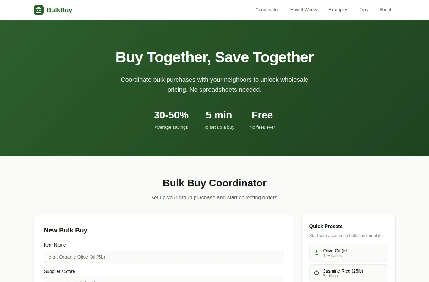 Screenshot of BulkBuy: Neighborhood Bulk Purchase Coordinator interface showing the project page in use